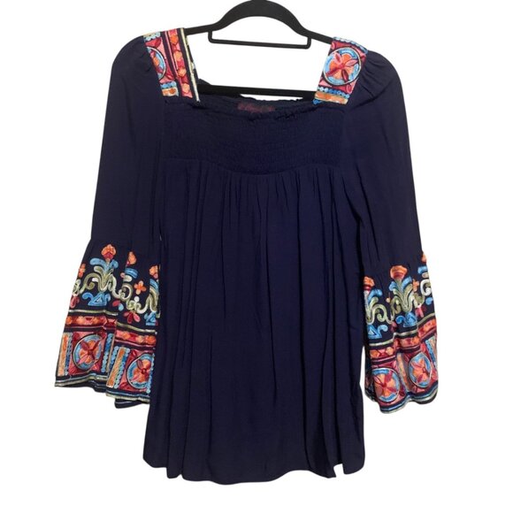 Cowgirl Legend Women’s Tunic Blue Turquoise Beads Embroidered Peasant Blouse. - Picture 2 of 15